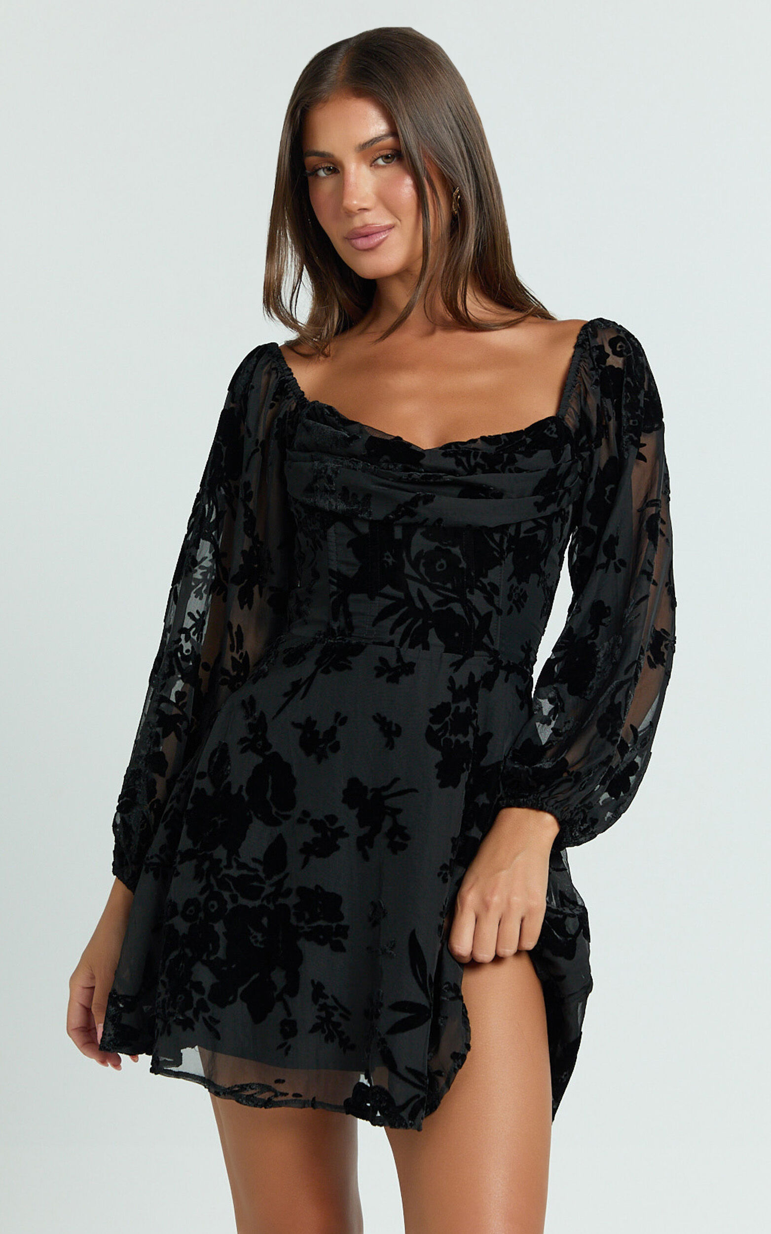 Jessell Mini Dress - Long Sleeve Cowl Corset Dress in Ebony Burnout - 06, BLK5
