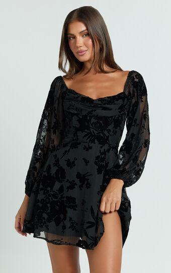 Jessell Mini Dress - Long Sleeve Cowl Corset Dress in Ebony Burnout