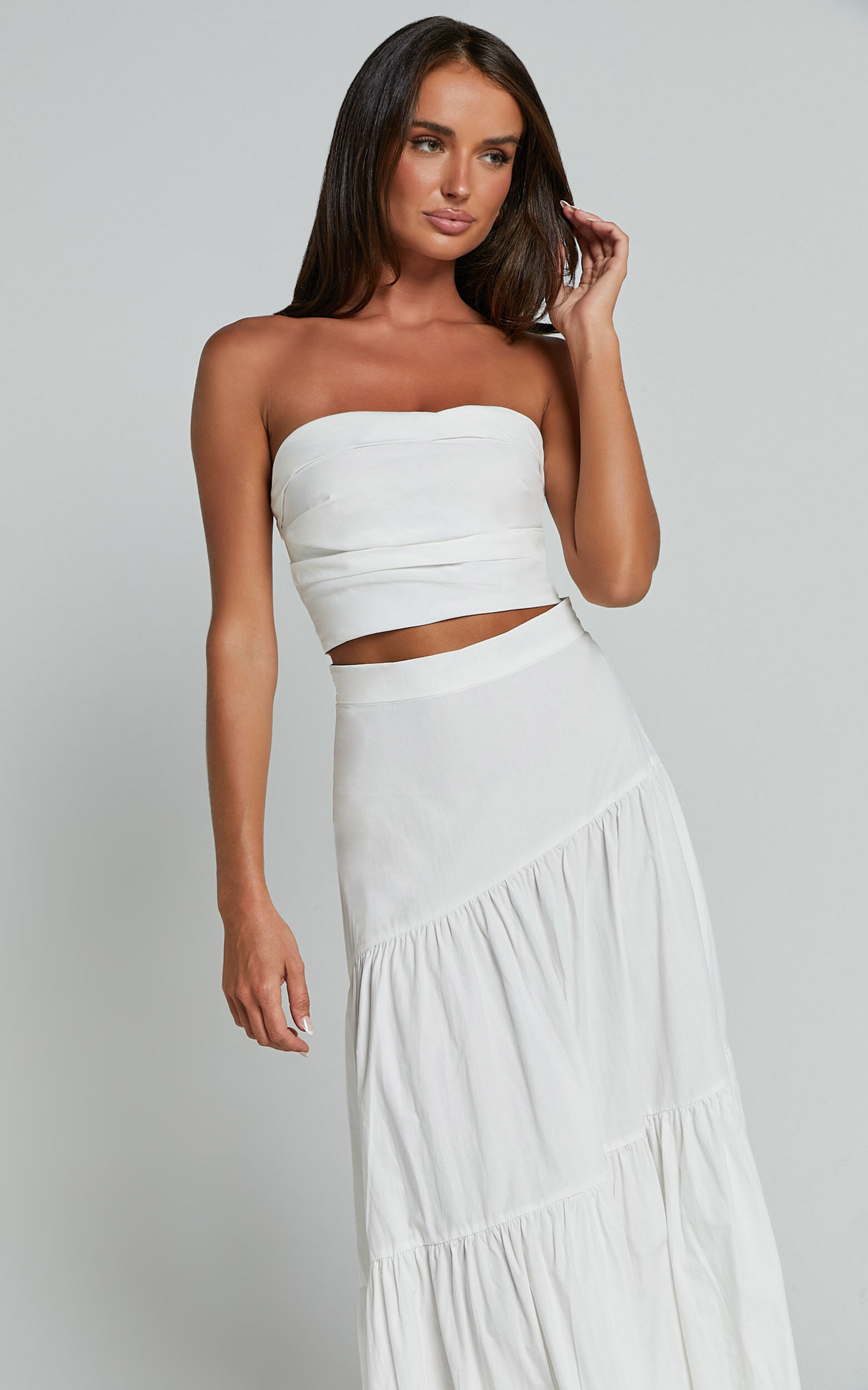 Schiffer Two Piece Set Strapless Top and Tiered Midi Skirt in White