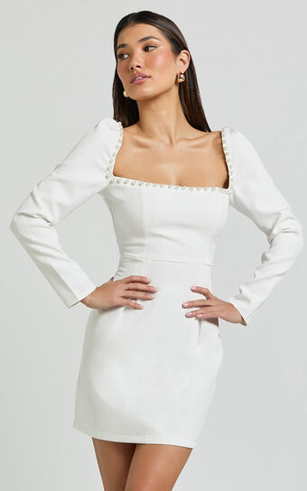 Edelyn Mini Dress - Square Neck Long Sleeve A Line Dress in White