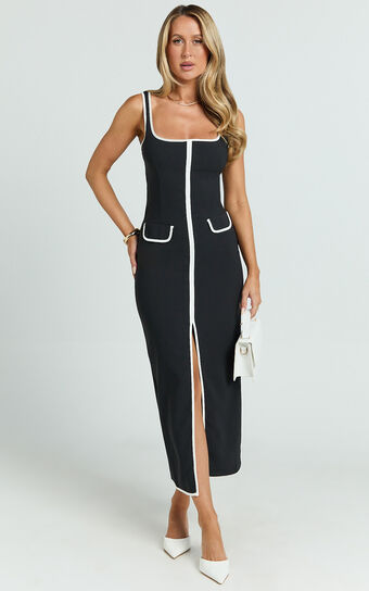 Xyra Midi Dress - Square Neck Contrast Bind Fitted Dress in Black