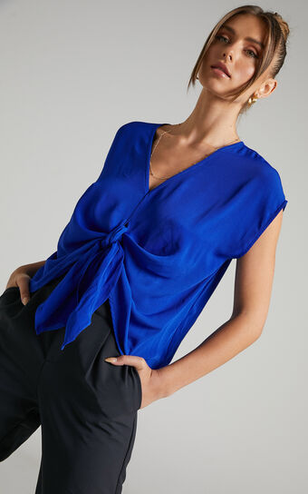 Analou Top - Tie Front V-Neck Blouse Top in Blue