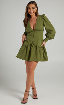 Carlyle Mini Dress - Long Sleeve Corset Dress in Khaki