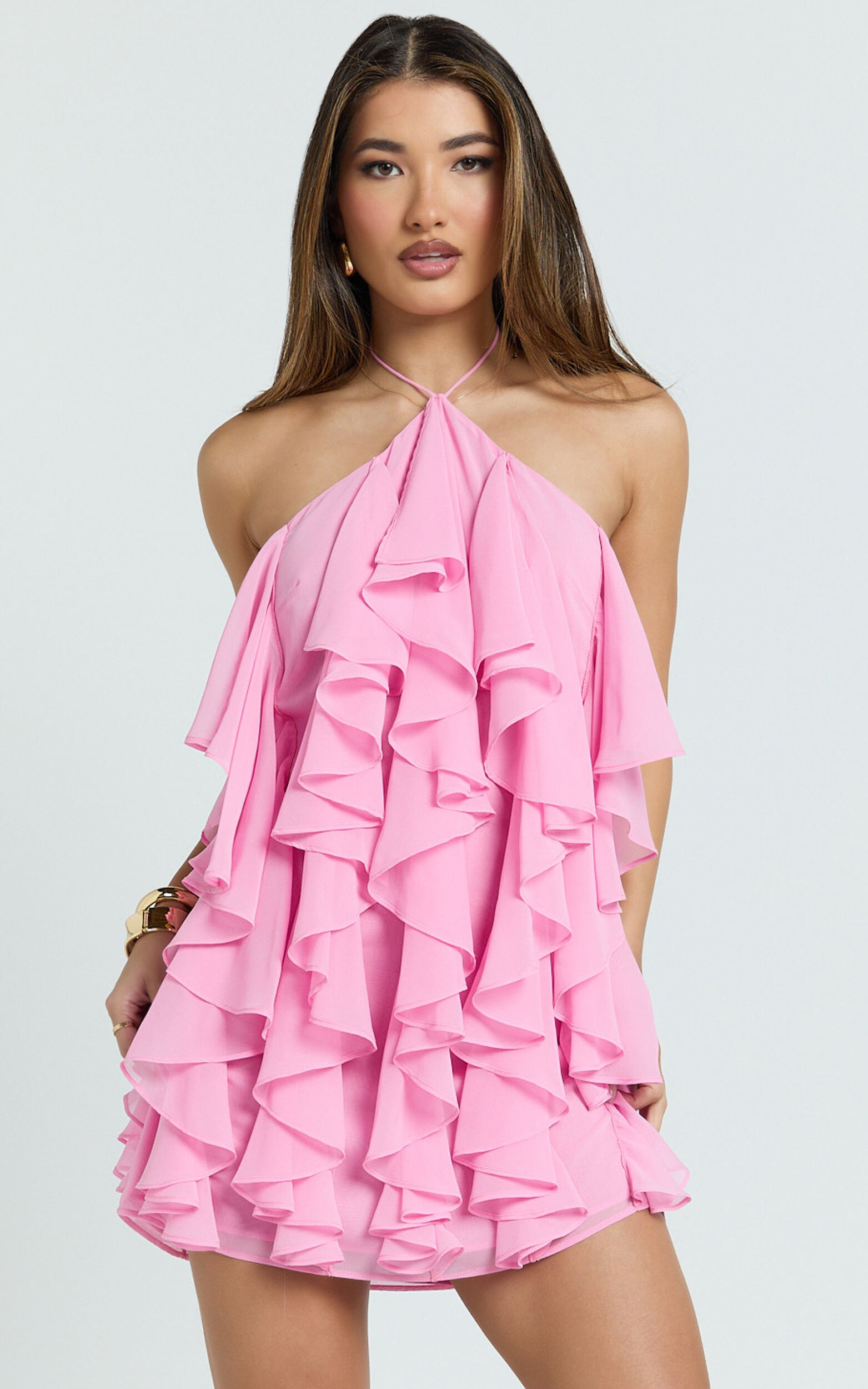 Carlson Mini Dress - Halter Neck Ruffle Tiered Dress in Pink - 06, PNK1