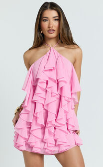Carlson Mini Dress - Halter Neck Ruffle Tiered Dress in Pink
