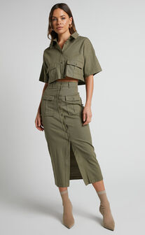 Davina Two Piece Set - Button Front Top and Midi Skirt Set in Khaki