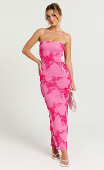 Mina Midi Dress - Embroidered Mesh Dress in Pink