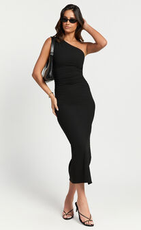 Rae Midi Dress - Ribbed One Shoulder Ruched Dress in Black