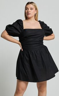 Claudina Mini Dress - Linen Look Puff Sleeve Ruched Bodice Dress in Black