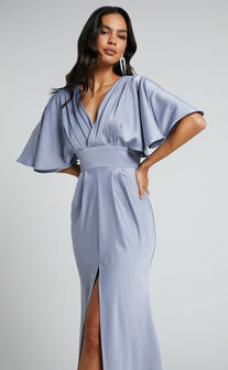 Gemalyn Midi Dress - Angel Sleeve V Neck Split Dress in Sky Blue