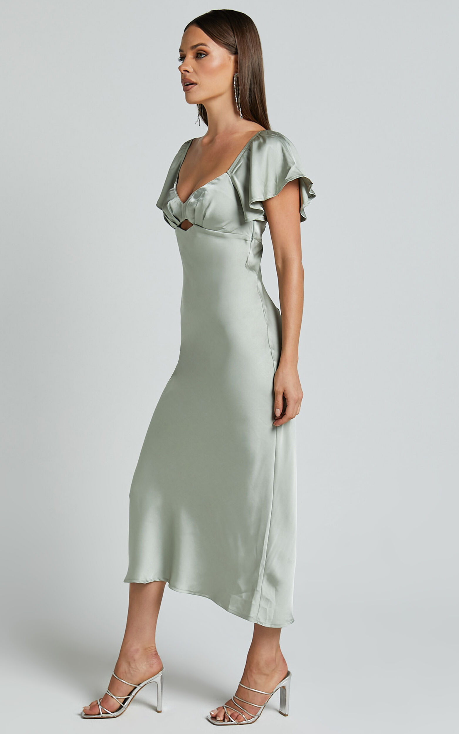 Emberlynn Midi Dress - Flutter Sleeve Cut Out Satin Dress in Sage | Showpo