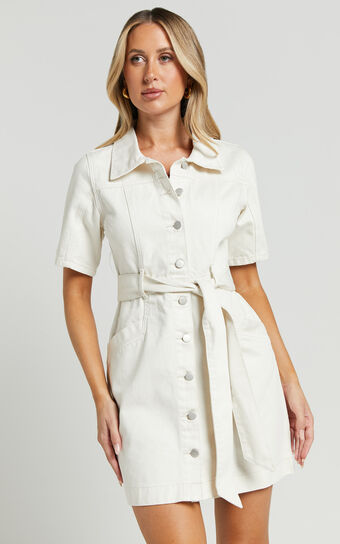 Aelicia Mini Dress - Button Through Denim Dress in Ecru