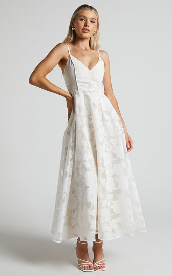 Philine Midi Dress - Plunge Fit and Flare Dress in White Showpo