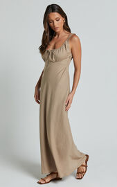 Lucas Midi Dress - Ruched Bust Linen Look Dress in Tobacco | Showpo USA