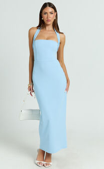 Salome Midi Dress - Halter Neck Column Dress in Blue
