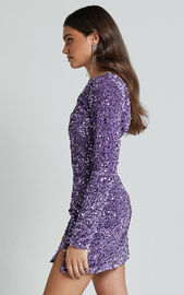 Tracy Mini Dress - Sequin Long Sleeve Backless Dress in Purple | Showpo USA
