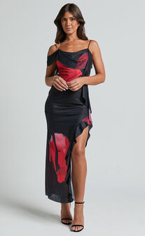 Daise Maxi Dress - Ruffle Detail Maxi Dress in Black and Red Floral