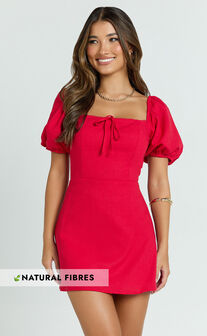 Jules Mini Dress - Puff Sleeve Square Neck Fit And Flare Dress in Red