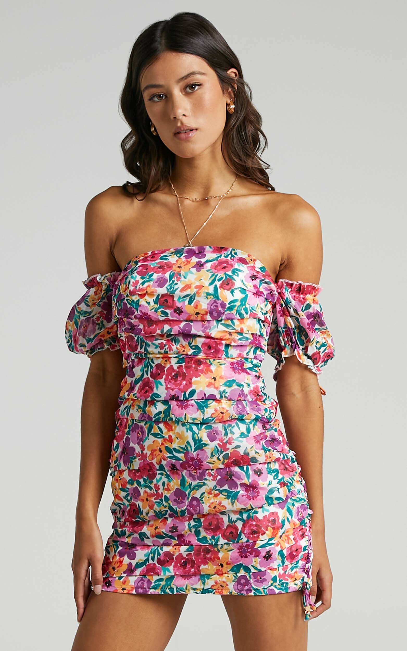 Cant Get You Off My Mind Bardot Mini Dress in Packed Floral | Showpo USA