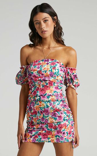 Cant Get You Off My Mind Off The Shoulder Mini Dress in Packed Floral