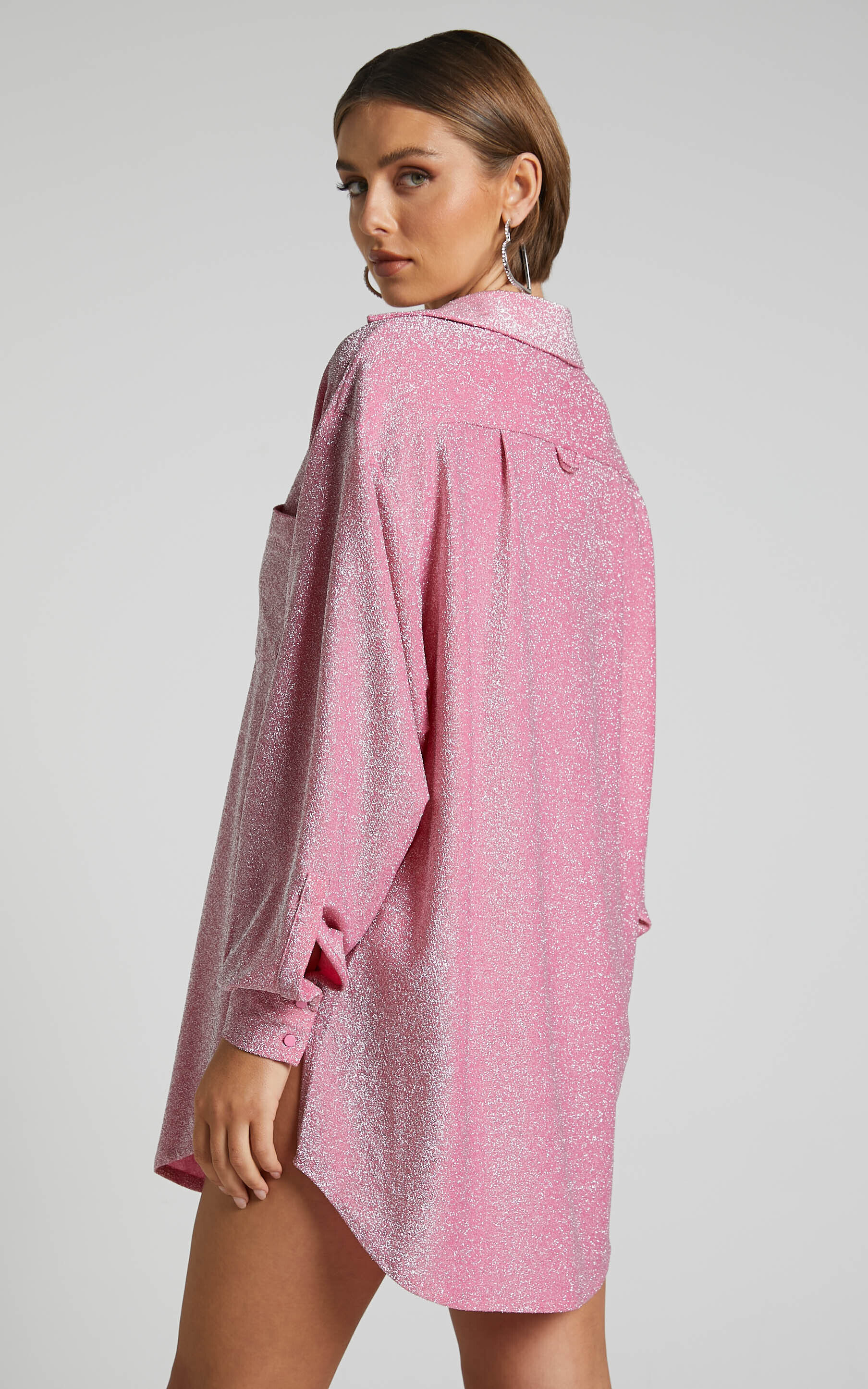Ruri Mini Dress Sparkly Oversized Shirt Dress in Pink Showpo EU
