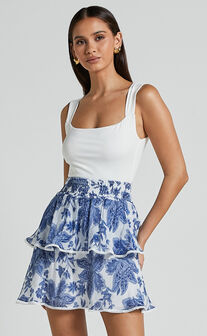 Liana Mini Skirt - High Elastic Waist Tiered Skirt in White and Blue Floral