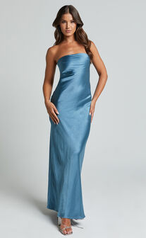 Charlita Maxi Dress - Strapless Cowl Back Satin Dress in Steel Blue