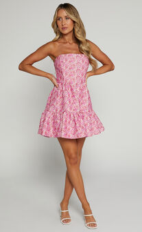 Brailey Mini Dress - One Shoulder Wrap Front Dress in Pink Jacquard