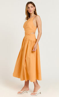 Ebony Midi Dress - Asymmetrical Cut Out Dress in Orange