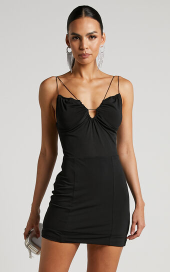 Benice Mini Dress - Slender Strap Mesh Bodice Dress in Black