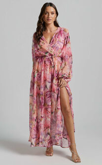 Freyja Maxi Dress - Plunge Long Bishop Sleeve Waist Tie Dress in Pink floral