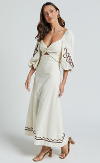 Isadora Midi Linen Blend Dress - Cut Out Long Sleeve Contrast Embroidery Dress in Natural