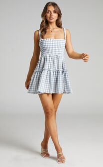 Wilda Mini Dress - Shirred Tiered Dress in Light Blue Gingham