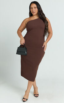 Monette Midi Dress - One Shoulder Straight Dress in Chocolate
