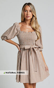 Liza Mini Dress - Shirred Bodice Short Sleeve Tie Dress in Caramel and White Gingham