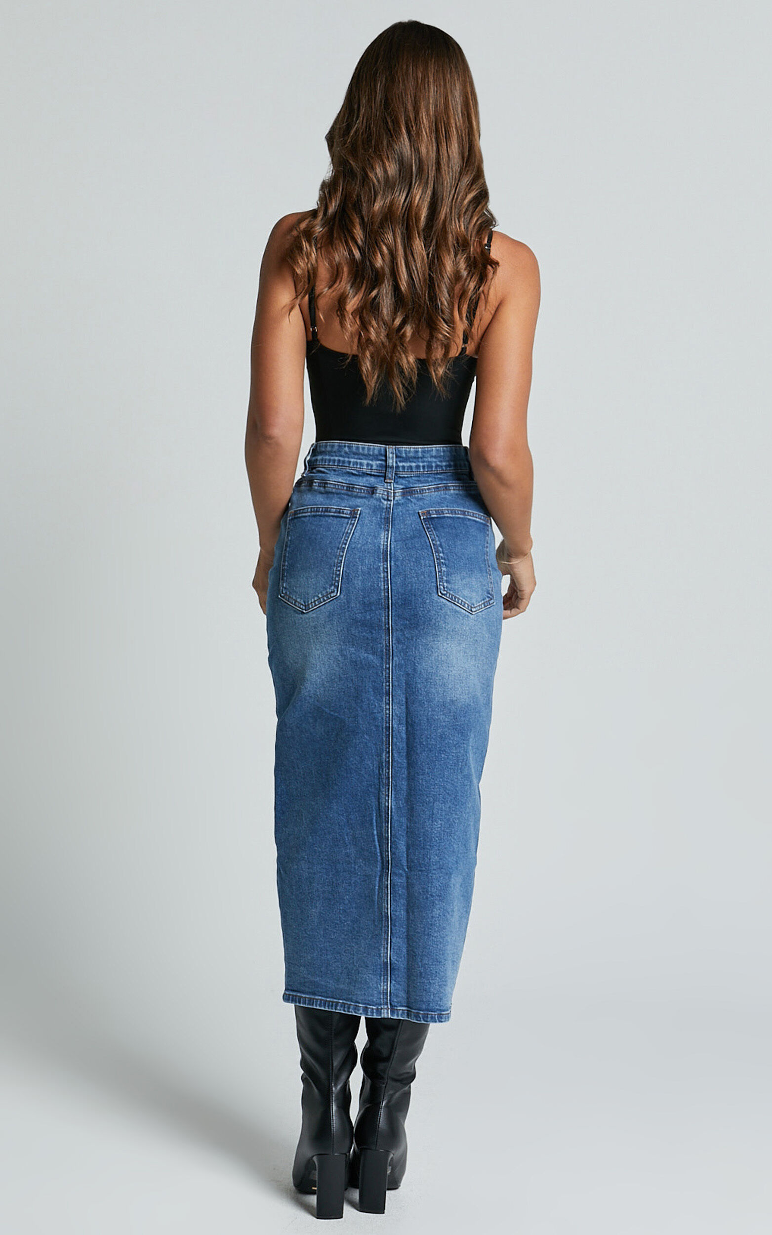 Tina Midi Skirt High Waist Button Through Recycled Denim Skirt in Mid Blue Wash Showpo