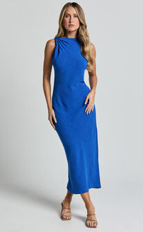 Jessenia Maxi Dress - Linen Look High Neck Dress in Cobalt