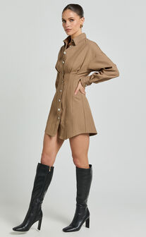 Sofia Mini Dress - Button Through Long Sleeve Dress in Mocha