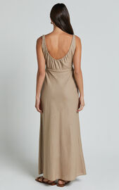 Lucas Midi Dress - Ruched Bust Linen Look Dress in Tobacco | Showpo USA