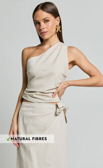 Bailey Top - Linen Look One Shoulder Pleated Bodice Top in Natural