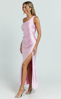 Isla Maxi Dress - Satin One Shoulder Side Split Dress in Pink