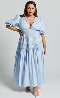 Mellie Midi Dress - Puff Sleeve Plunge Tiered Dress in Soft Blue