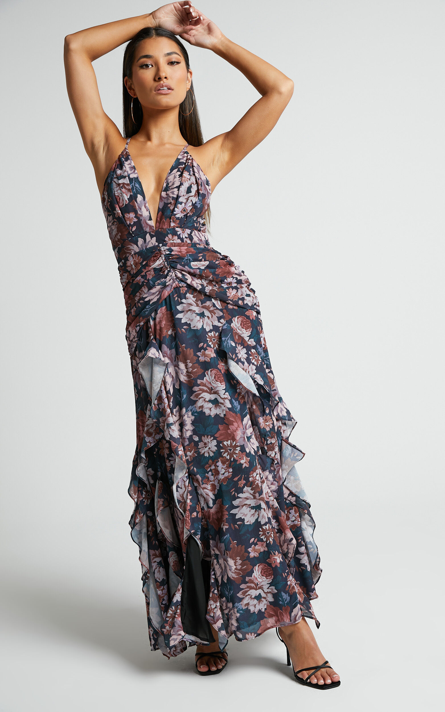 Vhera Midi Dress Plunge Ruched Waist Dress in Vintage Garden