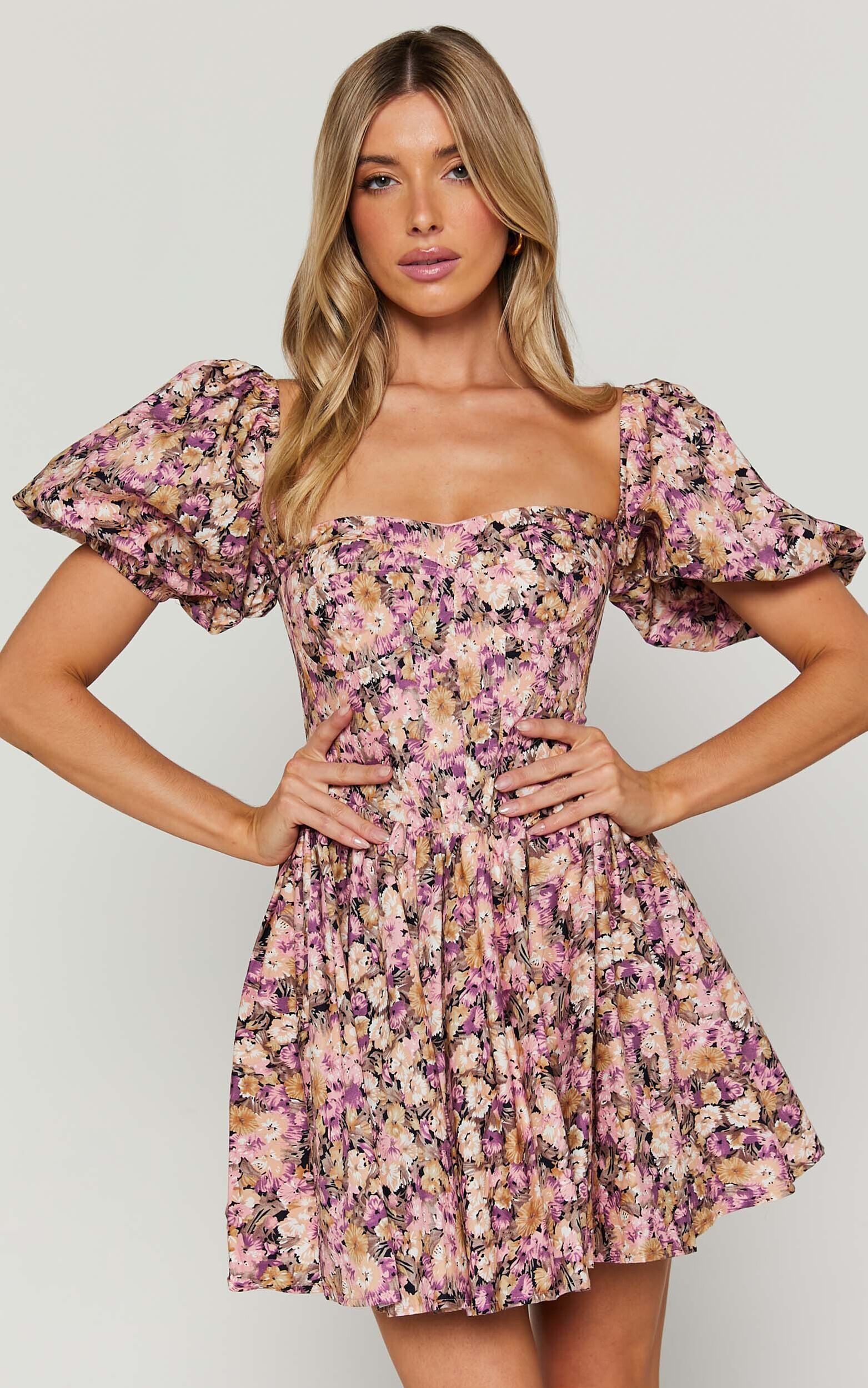 Phorchia Mini Dress - Fit and Flare Puff Sleeve Corset Dress in Noir Fleur Print - 04, PRP1