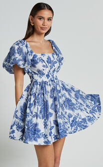 Mira Mini Dress - Square Neck Balloon Sleeve Dress in Blue Floral