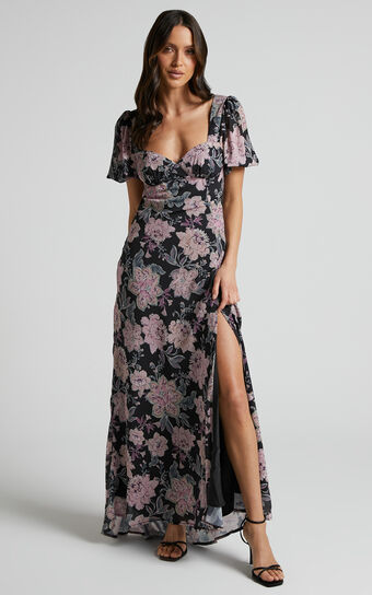 Lorie Maxi Dress - Short Sleeve Cut Out Tie Back Dress in Ornamental Floral
