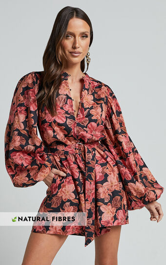 Amalie The Label - Natylia Linen Blend Bishop Sleeve Belted Playsuit in Atalie Print