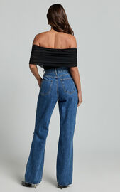 Miho Jeans - High Waisted Recycled Cotton Distressed Straight Leg Denim Jeans in Dark Blue Wash ...