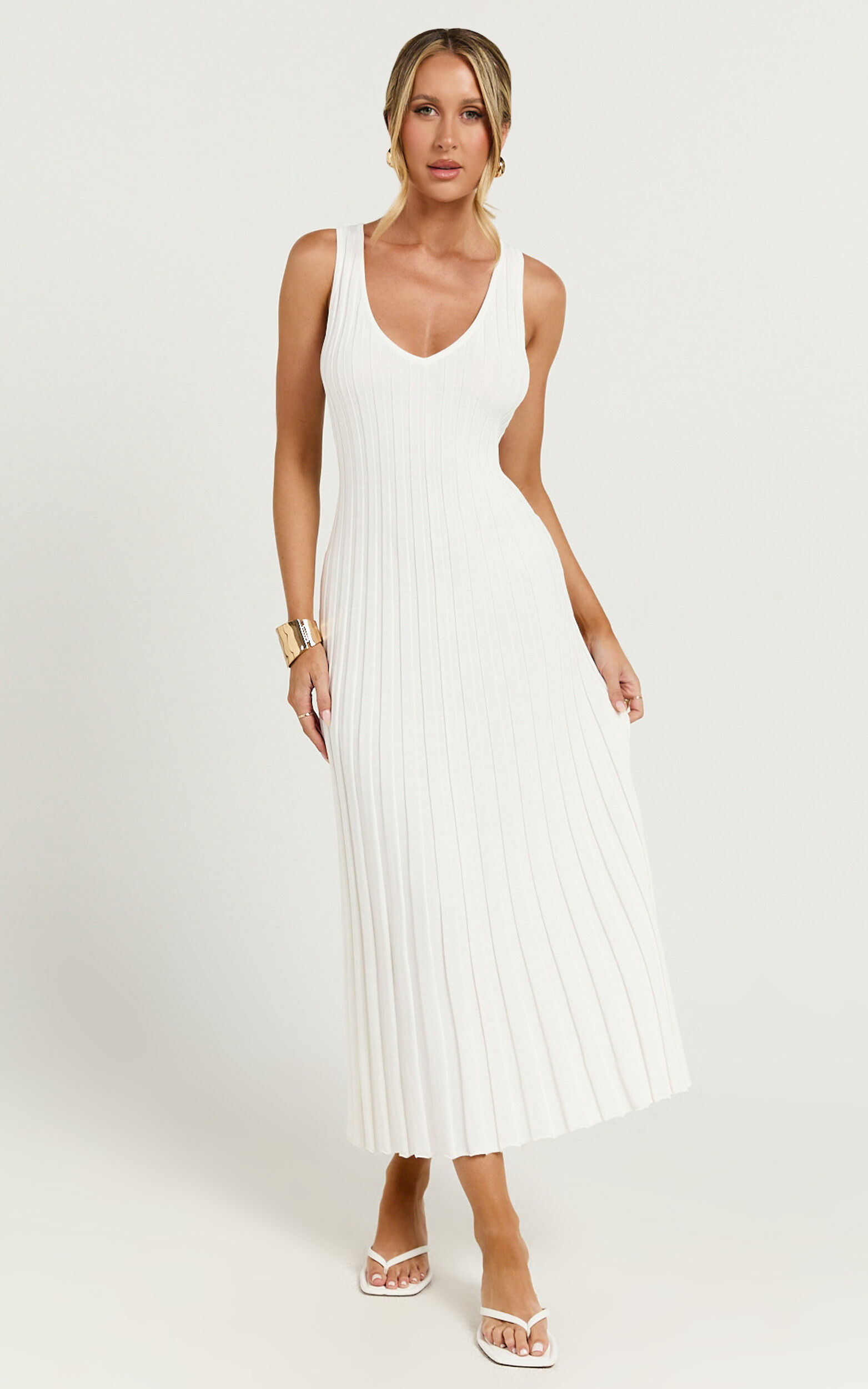 Maya Midi Knit Dress Sleeveless V Neck Knited Dress in White