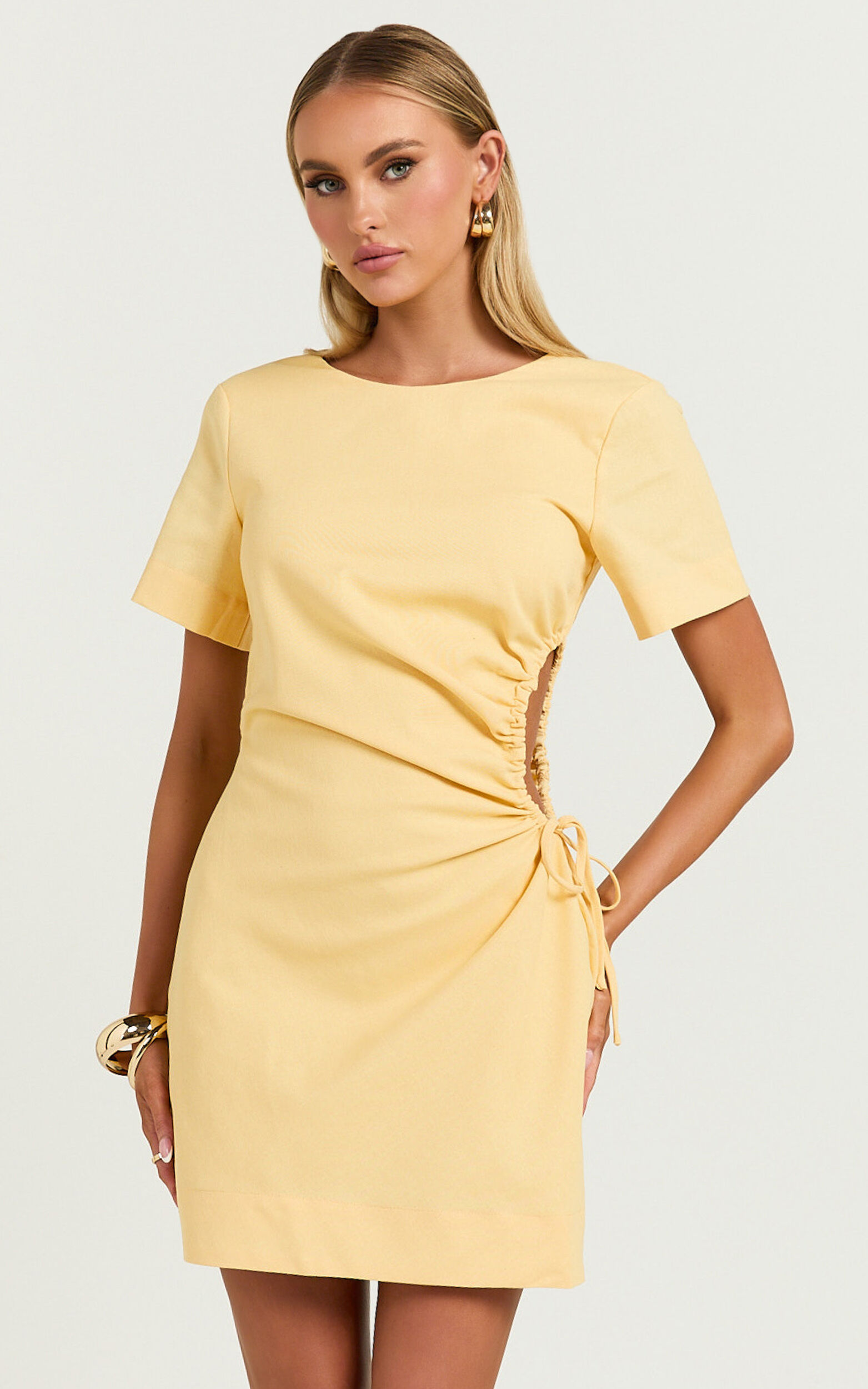 Samira Mini Dress - Ruched Cut Out Linen Look Dress in Lemon | Showpo